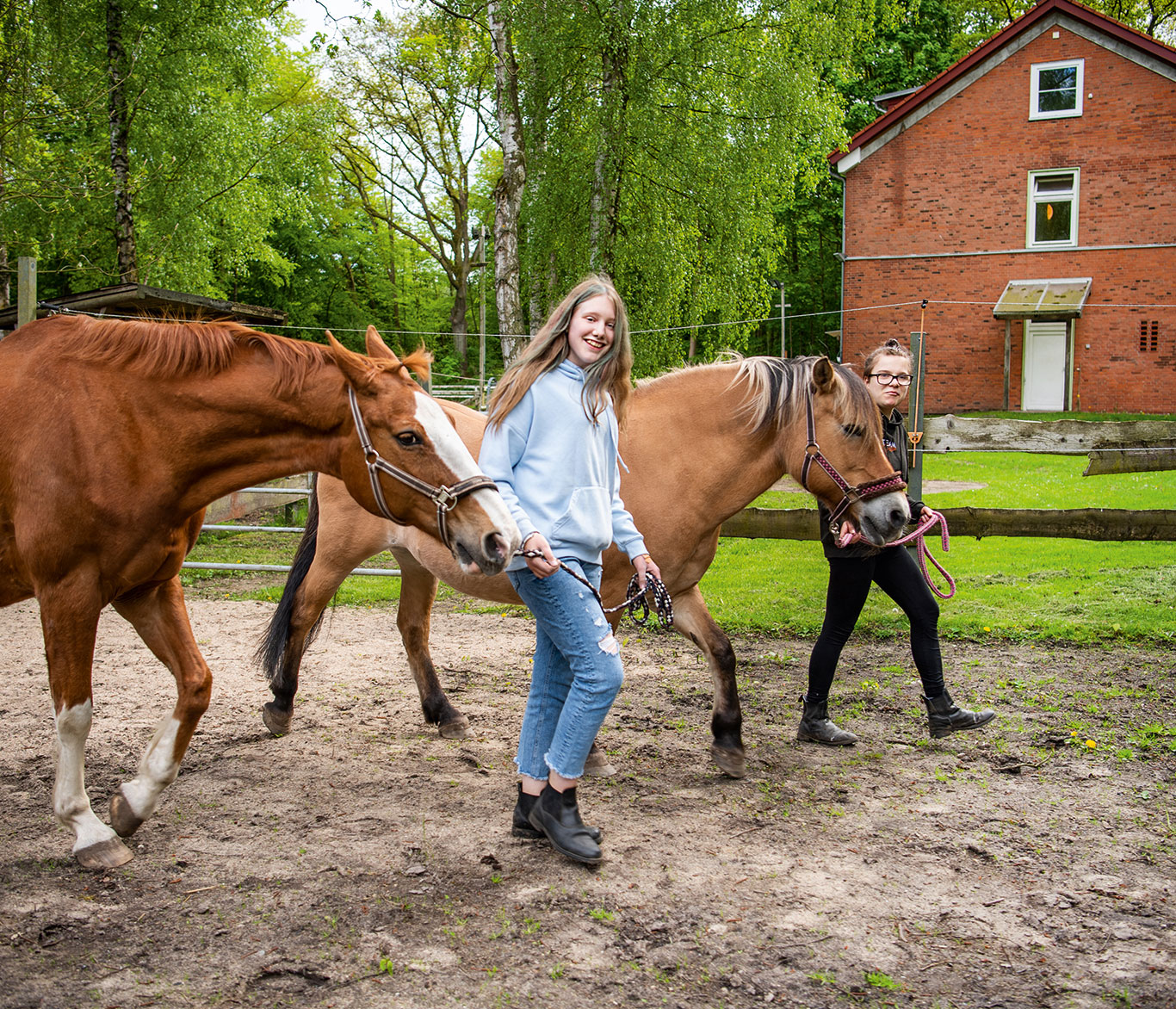 Zwei jugendliche Mädchen einer Jugendhilfeeinrichtung der Vorwerker Diakonie mit zwei Pferden auf einem Hof. 